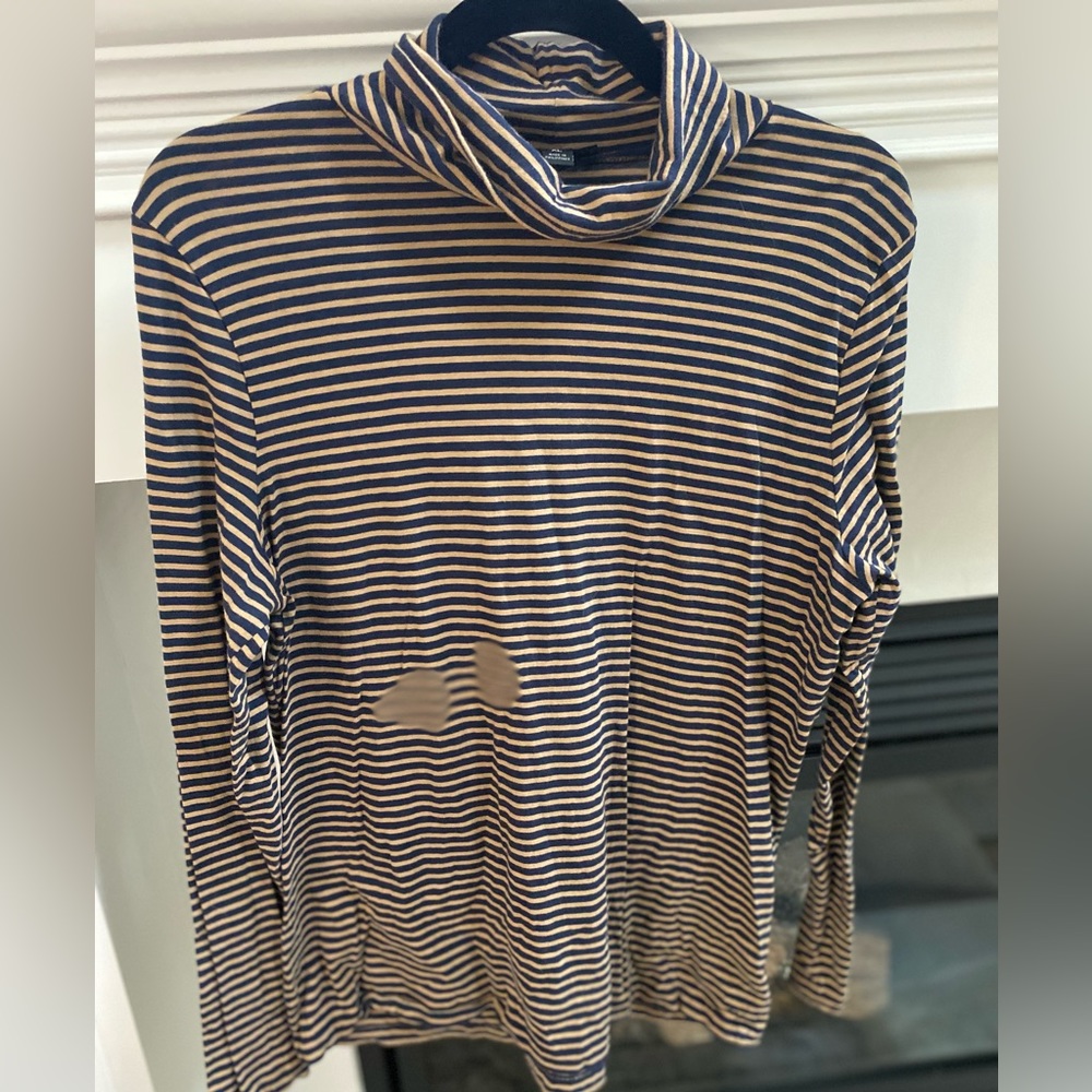 J Crew Tissue Turtleneck Tee in Navy Camel Stripe- Size XL